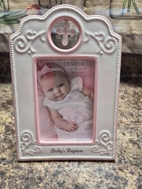 NEW. Demdaco Pink and White Baby Baptism Frame with Cross Accent